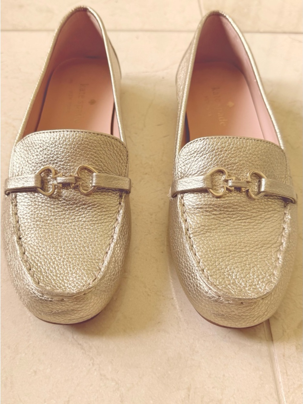 kate spade Metallic Gold Pebbled Leather Loafers with Horsebit